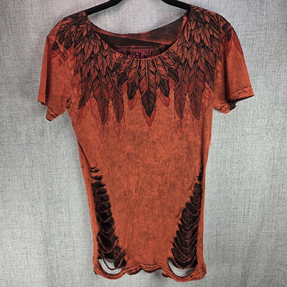 Affliction VTG Womens Tee Feathers Graphics Slit Details Red XS Grunge Rocker